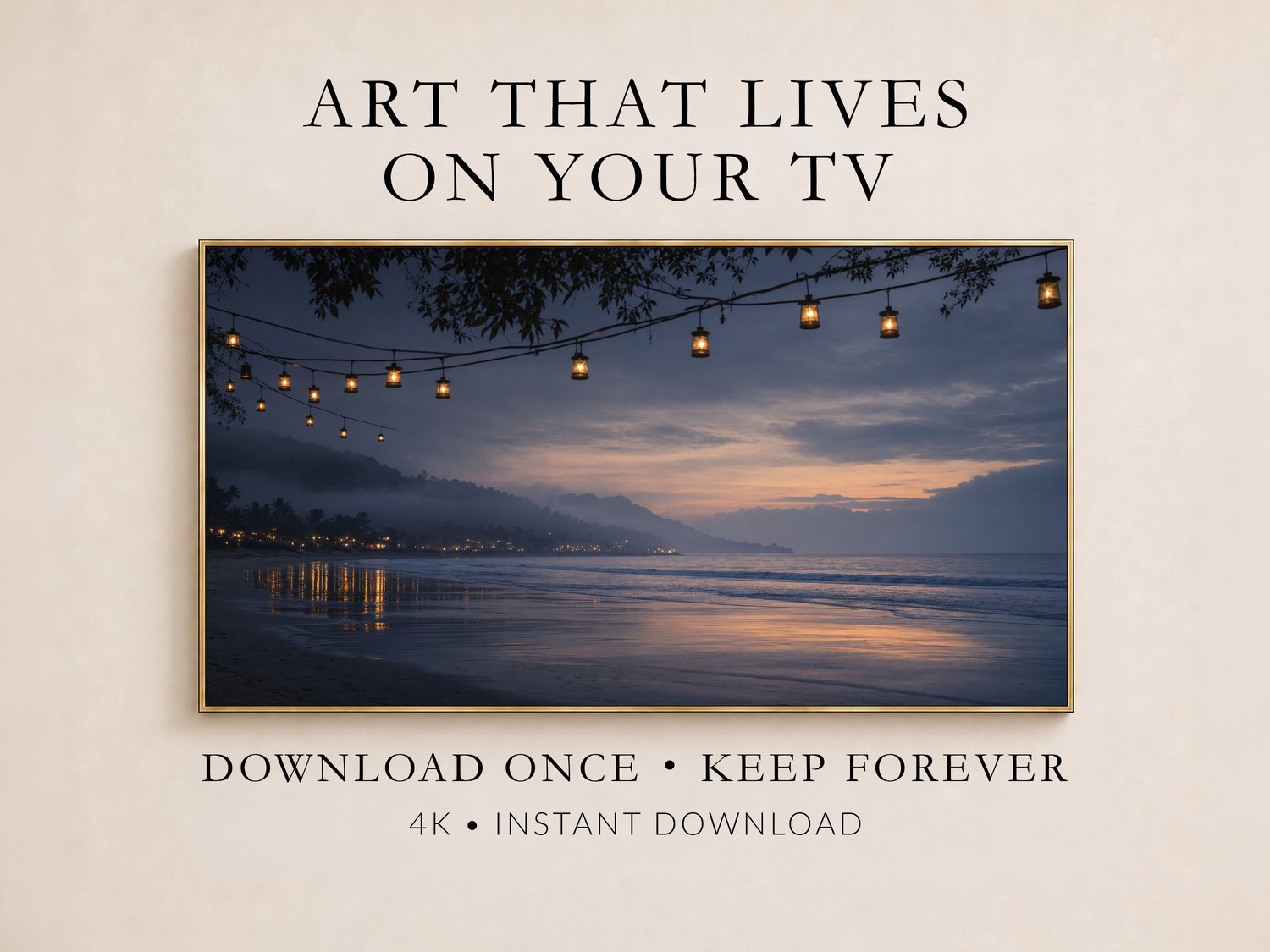 Misty coastline art with glowing lanterns shown in a thin gold frame on a soft cream wall, promoting instant 4K digital download for Frame TV displays.