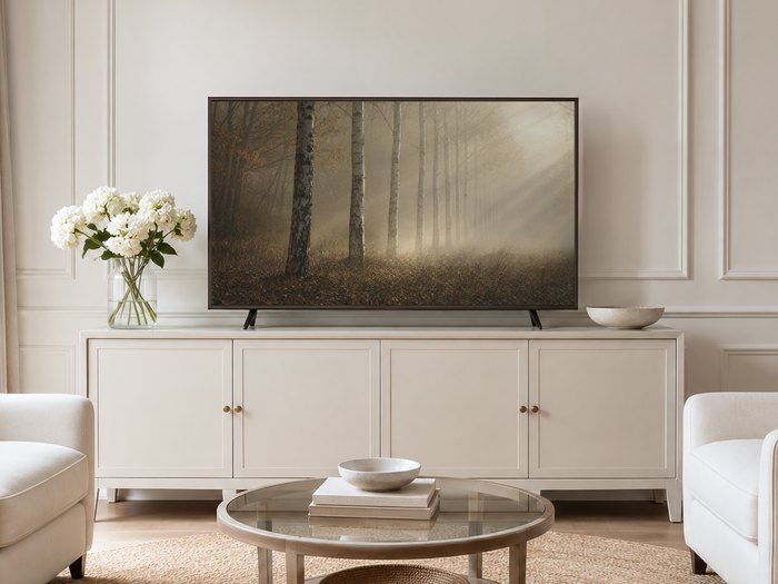 Misty birch forest artwork on a Frame TV in a neutral living room with a cream panelled wall, cream sideboard, white hydrangeas and pale armchairs, the soft amber and grey tones echoing the calm decor.