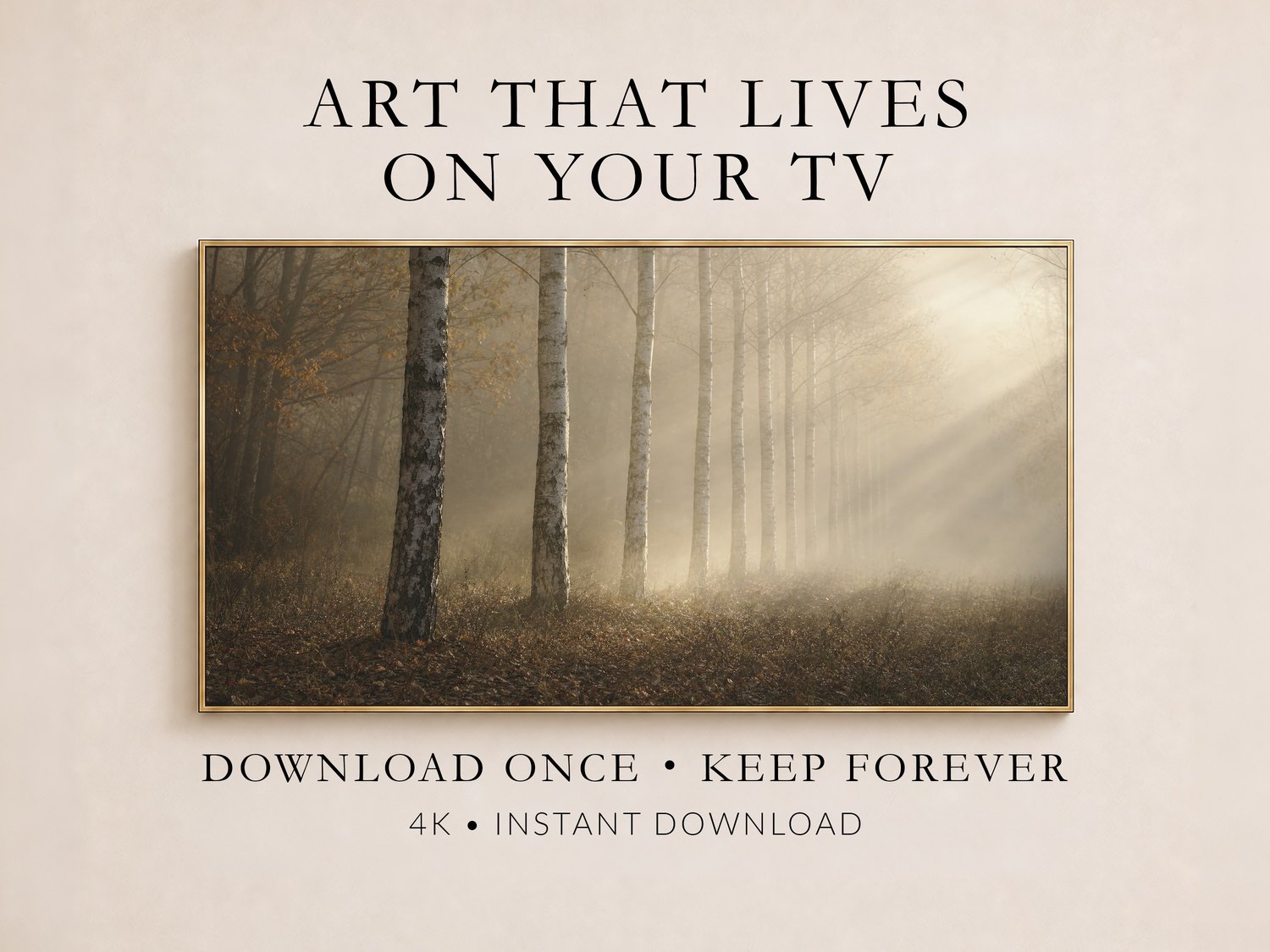 Foggy birch forest art displayed on a Frame TV in a thin gold frame against a soft cream wall, showing misty tree trunks in warm grey and amber tones, promoted as a 4K instant download for your TV.