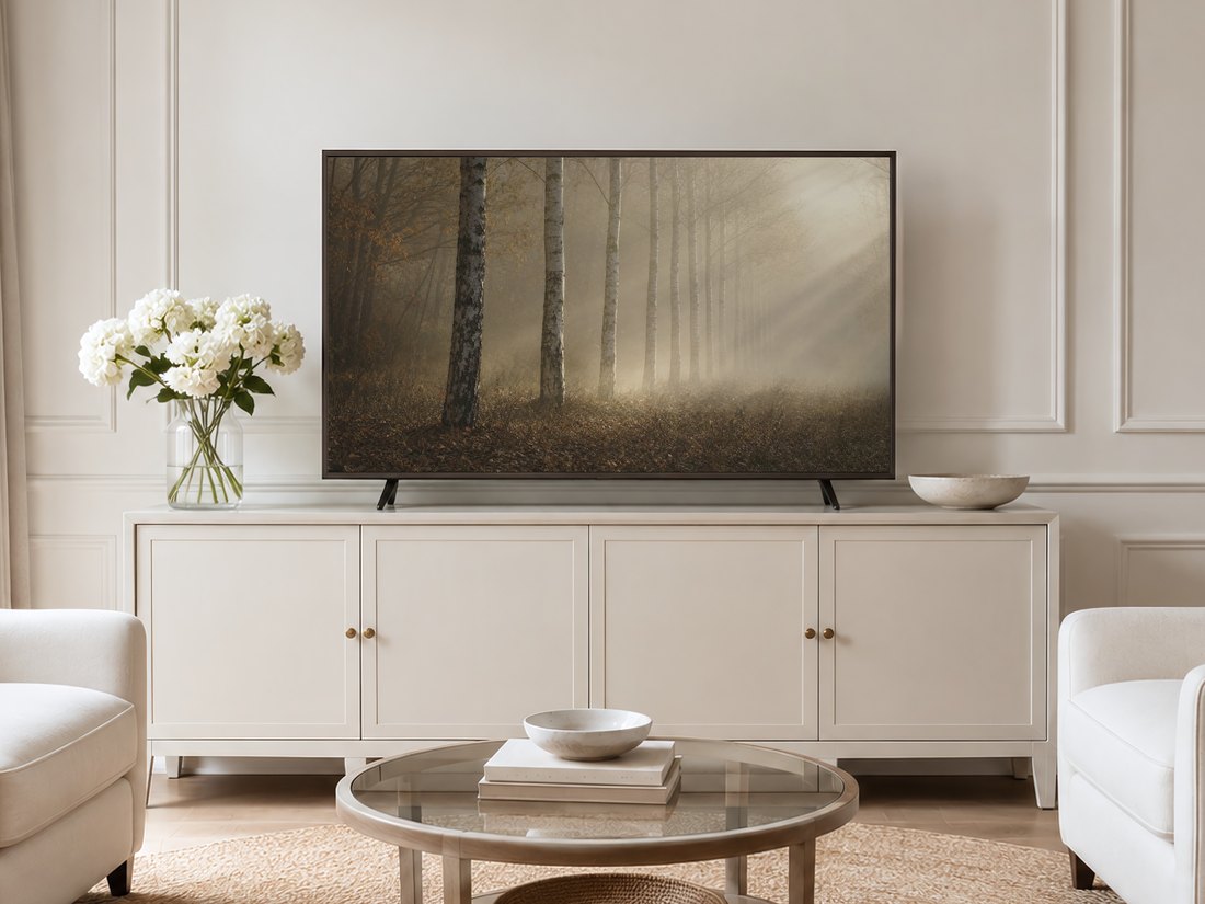 Misty birch forest artwork on a Frame TV in a neutral living room with a cream panelled wall, cream sideboard, white hydrangeas and pale armchairs, the soft amber and grey tones echoing the calm decor.