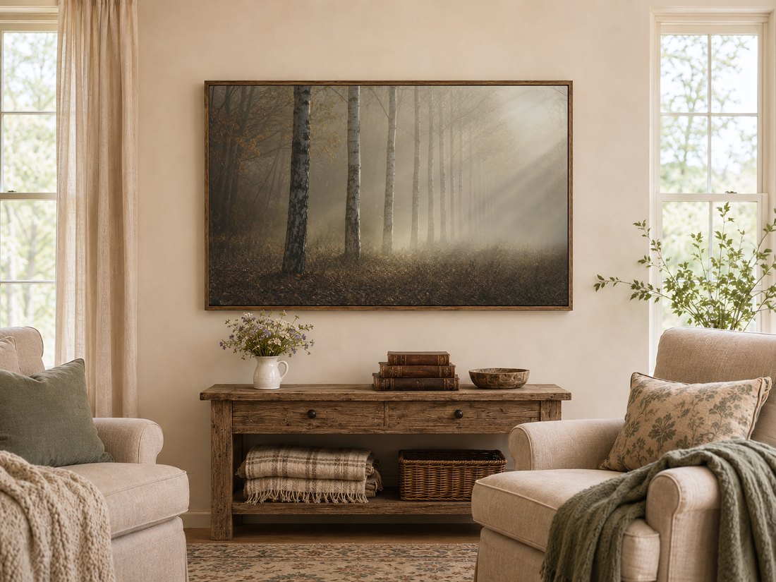 Foggy woodland scene on a Frame TV in a warm farmhouse living room above a rustic console with wildflowers, leather books and a wooden bowl, the misty birch trunks matching the cream and sage color scheme.