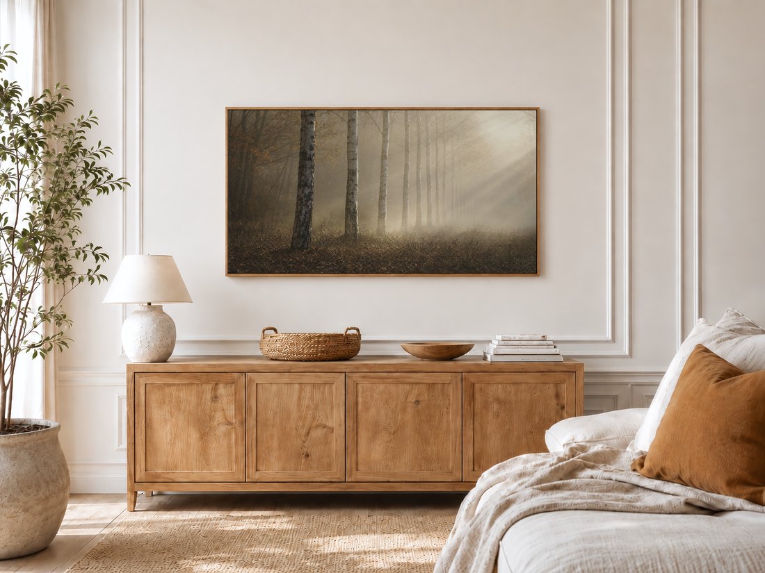 Birch forest fog art shown on a Frame TV in a bright bedroom with cream panelled moulding, an oak sideboard, ceramic lamp and potted olive tree, the muted amber tones complementing the linen bedding and rust cushion.
