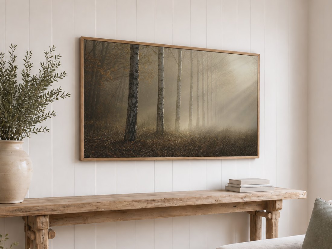 Misty birch trunks fading into fog displayed on a Frame TV in an oak frame above a reclaimed-wood console with olive branches and neutral books, set against a white shiplap wall for a calm woodland feel.