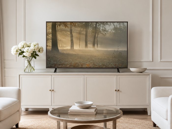 Foggy woodland scene with soft gold light and birch trunks displayed on a Frame TV in a neutral living room with a cream sideboard, white hydrangeas, and a jute rug for calm modern decor.
