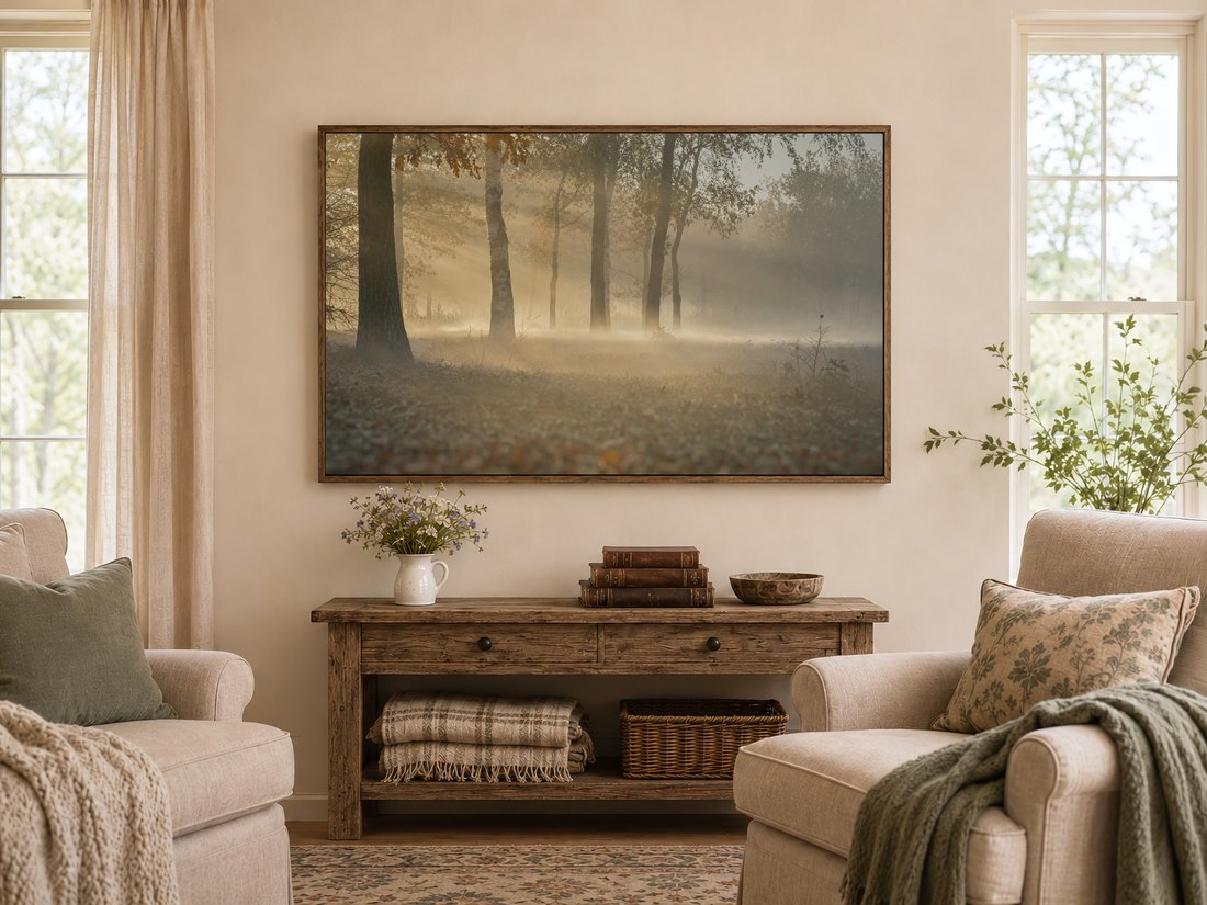 Misty autumn forest art with pale sunrays shown on a Frame TV above a rustic console table holding wildflowers and antique books, in a warm farmhouse living room with cream armchairs.