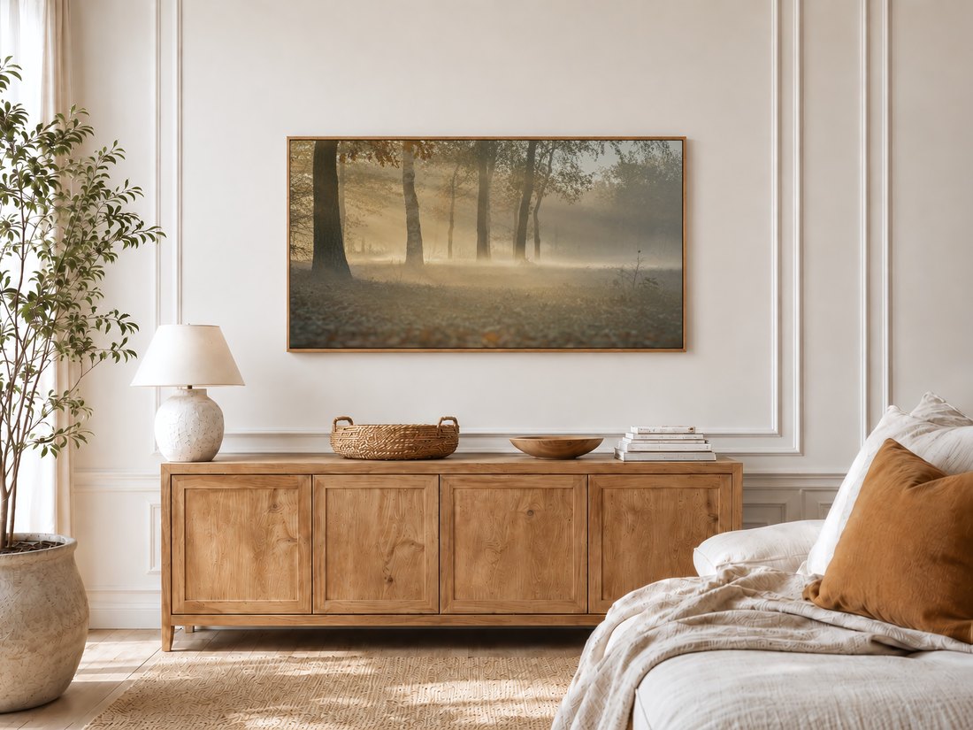 Hazy forest sunrise artwork in rust and gold tones displayed on a Frame TV in a bright bedroom with an oak sideboard, ceramic lamp, and potted olive tree by the window.