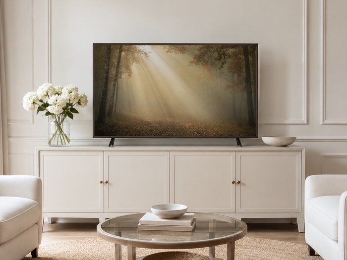 Misty forest Frame TV art shown in a neutral living room with a cream panelled wall, sideboard, white hydrangeas, glass coffee table and pale armchairs on a jute rug.