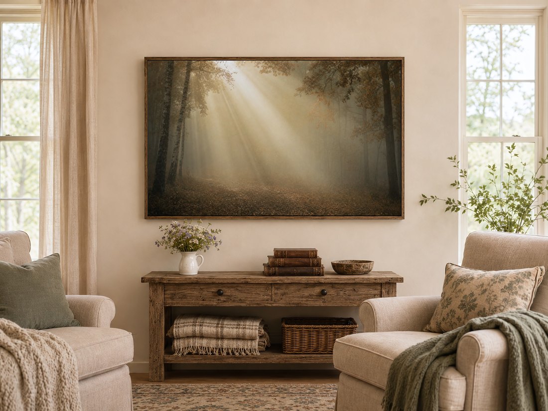 Foggy woodland sunbeam artwork above a rustic console table with wildflowers, leather books and a wooden bowl, in a warm farmhouse living room with cream armchairs and linen curtains.