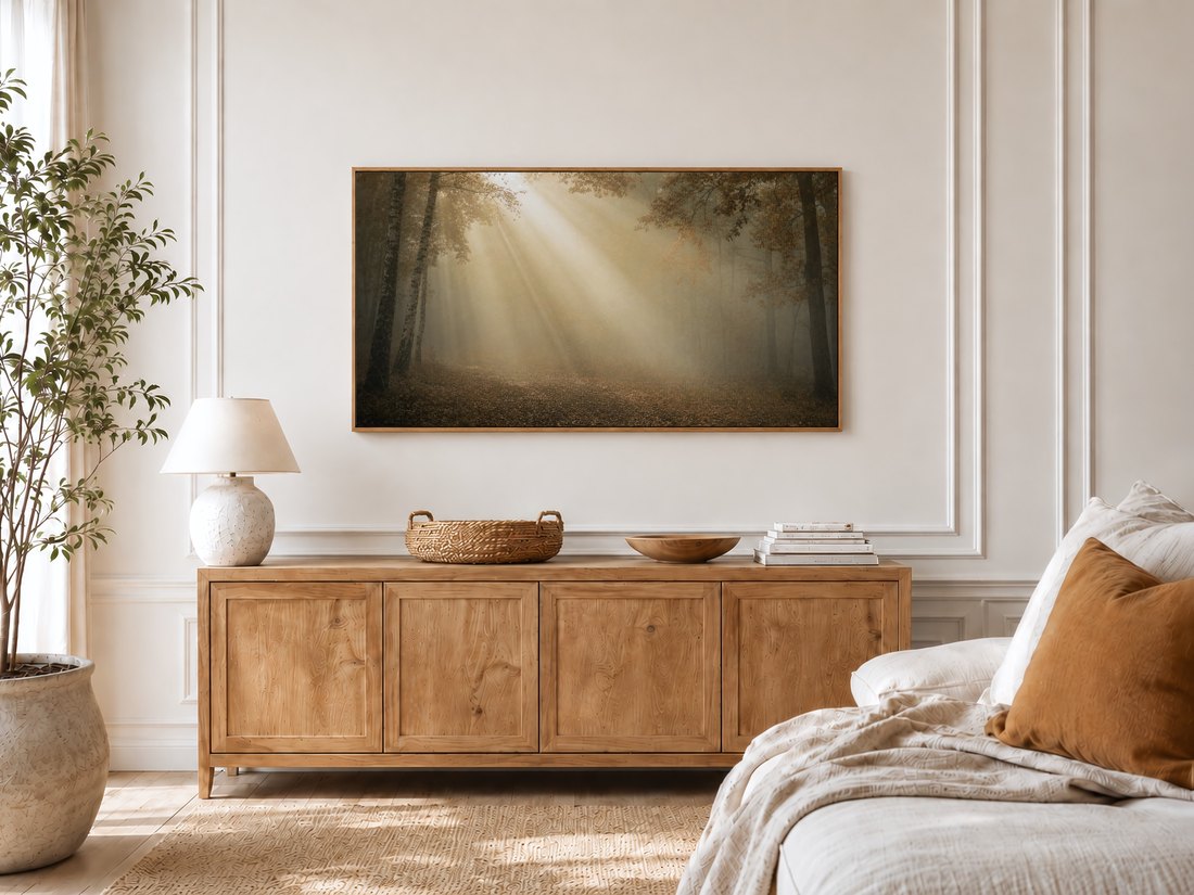 Misty forest light Frame TV art in a bright bedroom with cream panelled moulding, an oak sideboard, ceramic lamp, potted olive tree and a linen bed with a rust cushion.