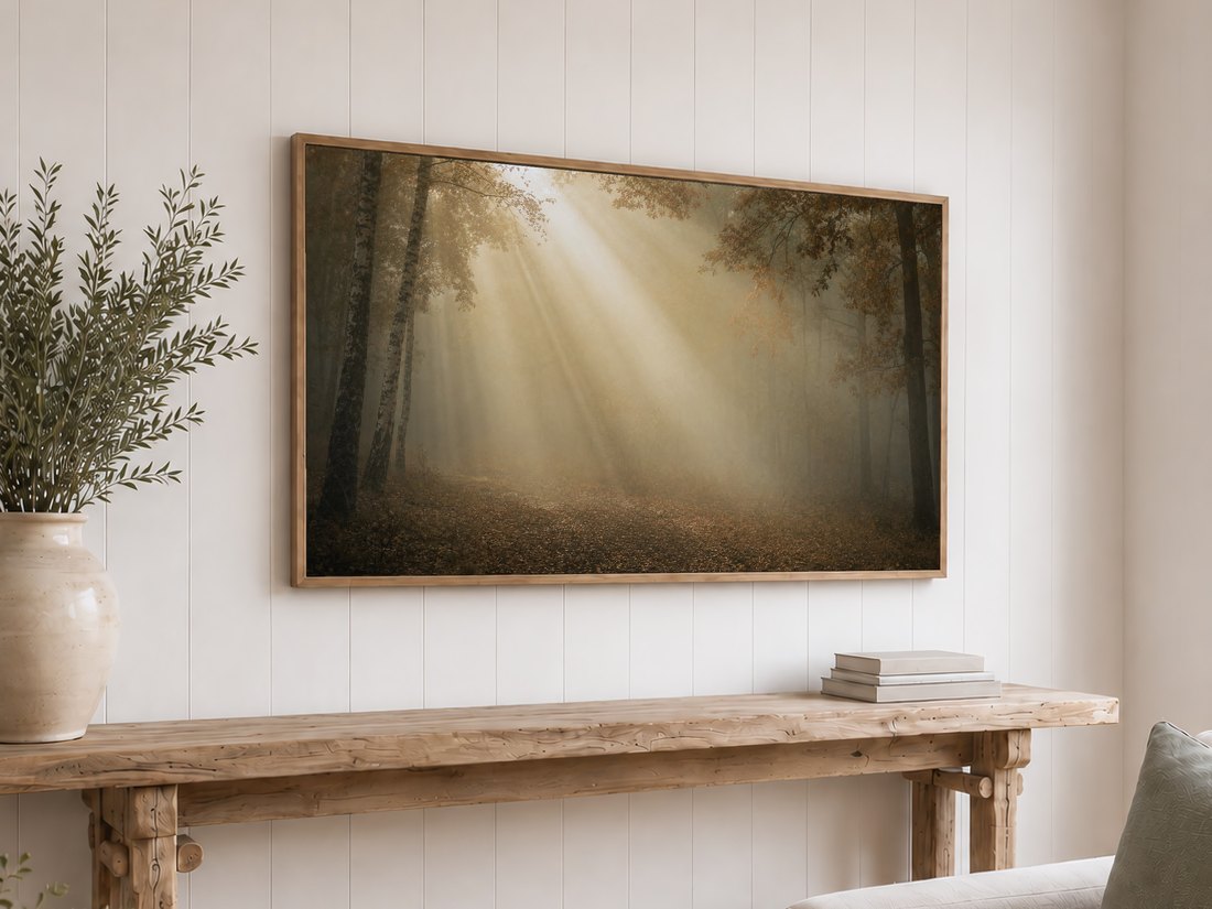 Foggy forest canopy art on a light oak framed TV above a reclaimed-wood console with olive branches in a cream vase, set against a white shiplap wall with neutral books.
