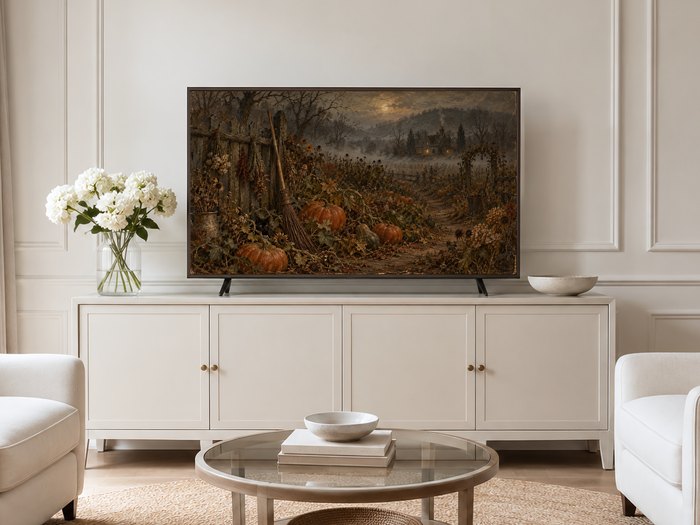 Forgotten witch's autumn garden Frame TV art in a neutral living room, displayed above a cream sideboard with brass knobs, flanked by pale armchairs and white hydrangeas on a jute rug.