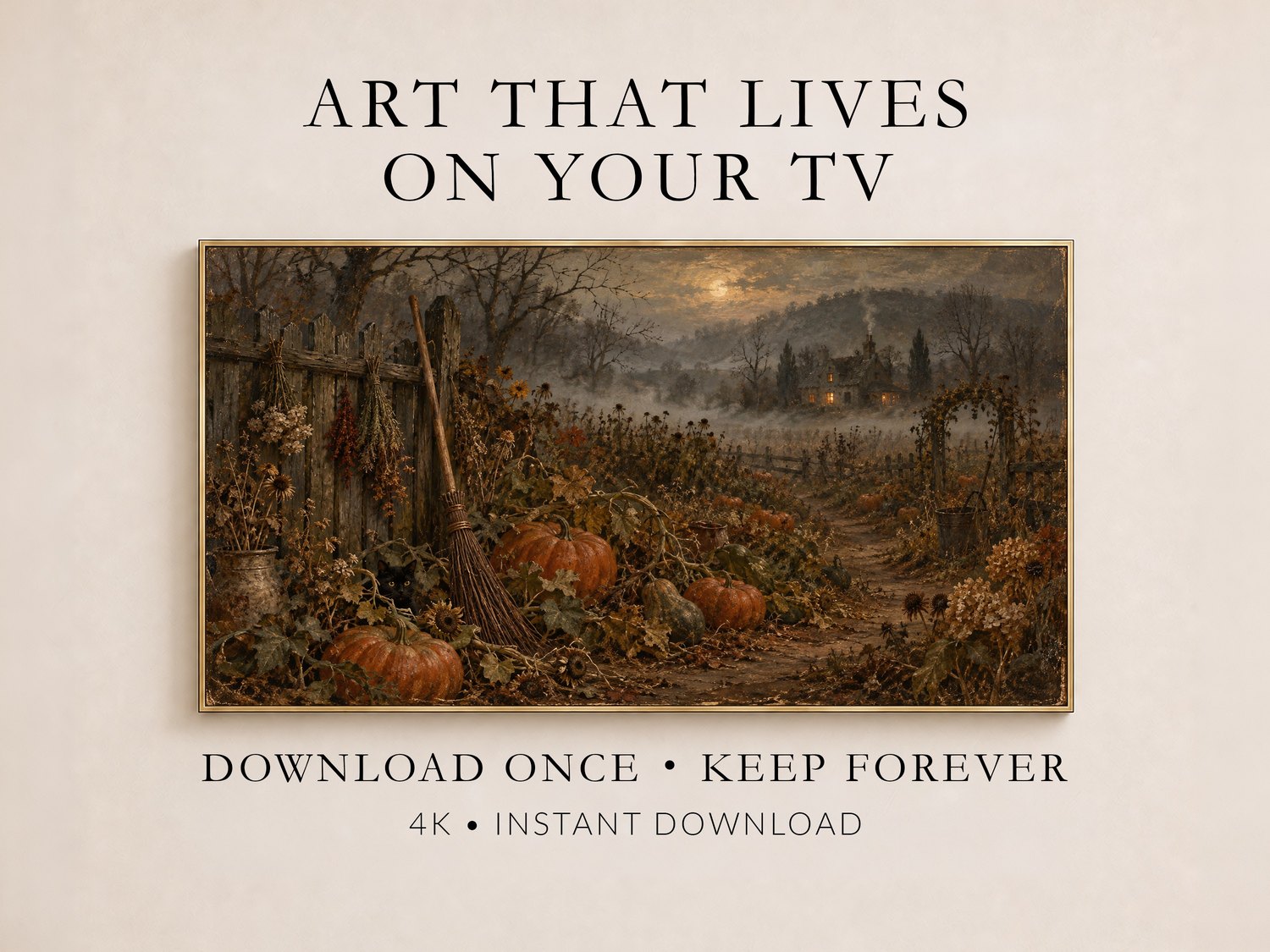 Moody autumn garden scene with dried pumpkins and overgrown flowers displayed on a Frame TV with a thin gold frame on cream wall, labeled as downloadable Frame TV art.