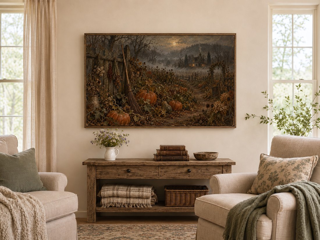 Dark reclaimed-wood framed TV art showing an abandoned garden with pumpkins and mist, hung above a rustic console in a farmhouse living room with cream armchairs and wildflower arrangement.