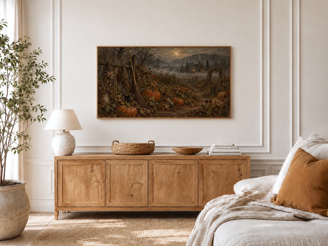 Moody fall garden wall art displayed in a bright bedroom with cream panelled moulding, light oak sideboard and an olive tree by the window.