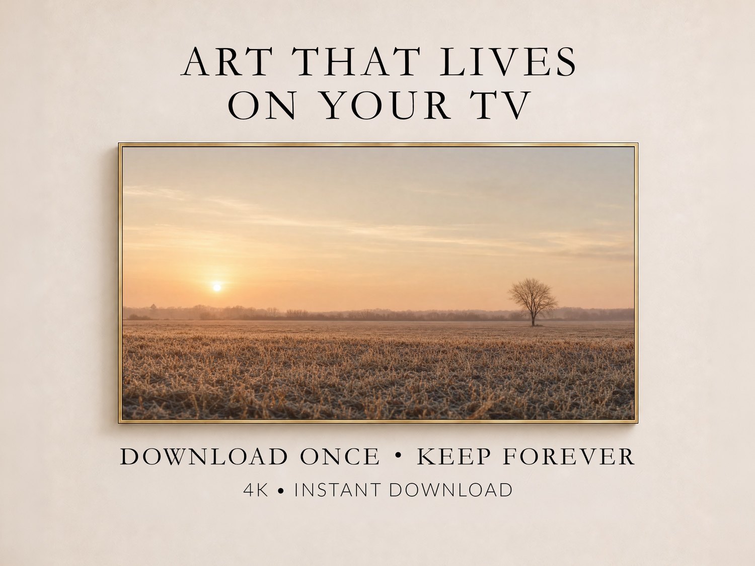 Frosted field at sunrise with a lone bare tree, shown on a Frame TV in a thin gold frame against a soft cream wall, promoting instant 4K digital download art for your television.