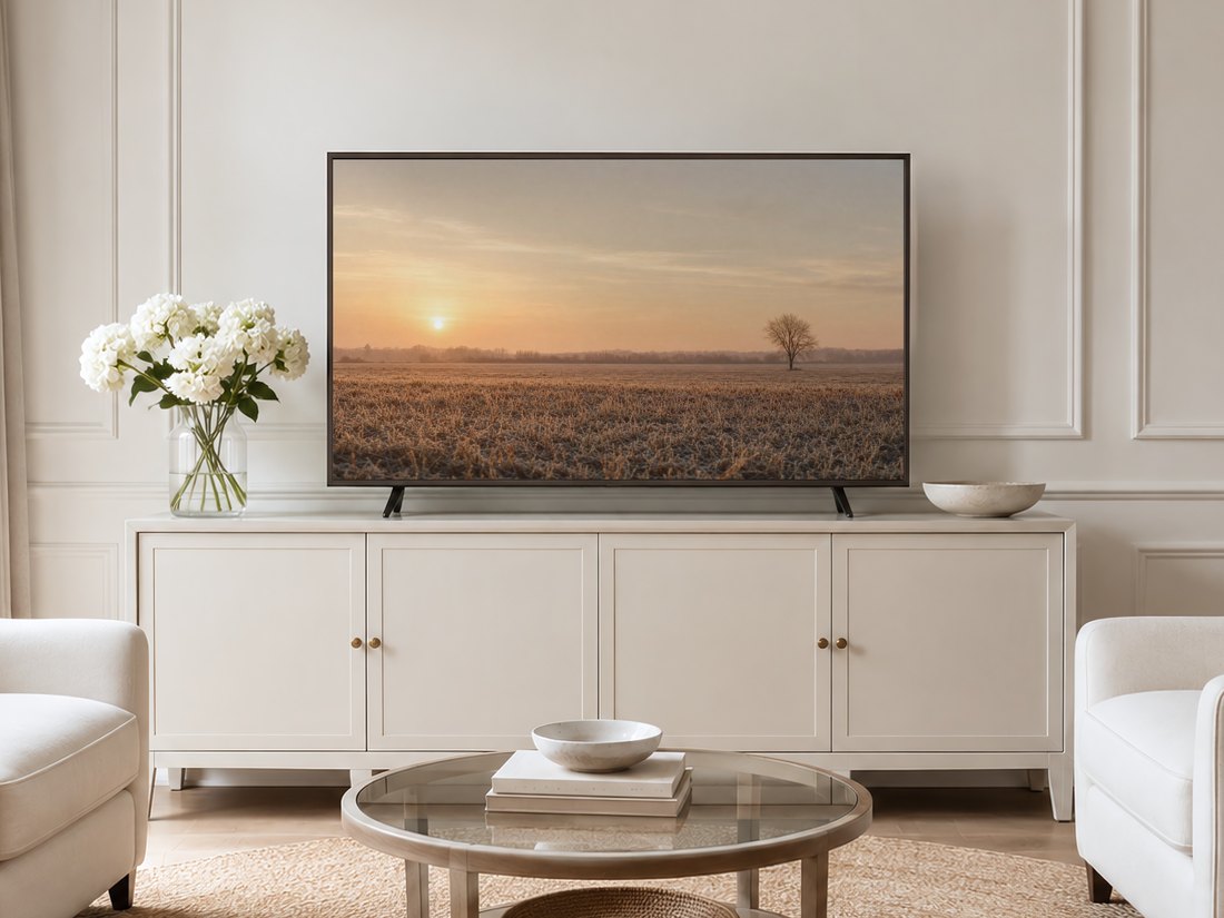 Frosted winter field art on a Frame TV in a neutral living room with a cream panelled wall, sideboard, white hydrangeas and pale armchairs, the amber sunrise glow warming the calm decor.
