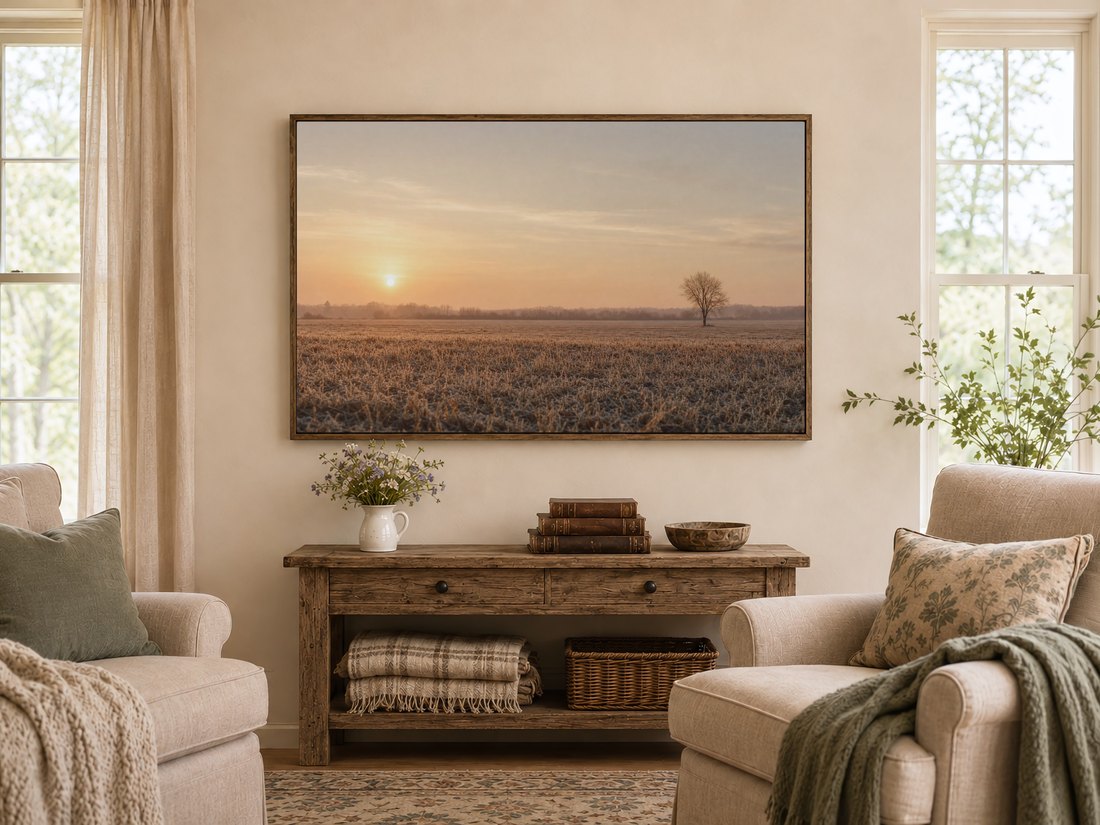 Lone tree sunrise landscape displayed in a dark reclaimed-wood frame above a farmhouse console with wildflowers and leather books, cream armchairs with sage cushions completing the room.