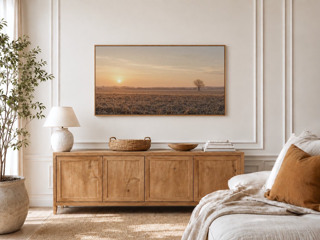Frosted field TV art shown in a bright bedroom with cream panelled moulding, a light oak sideboard, potted olive tree and linen bed with a rust cushion, echoing the artwork's warm amber tones.