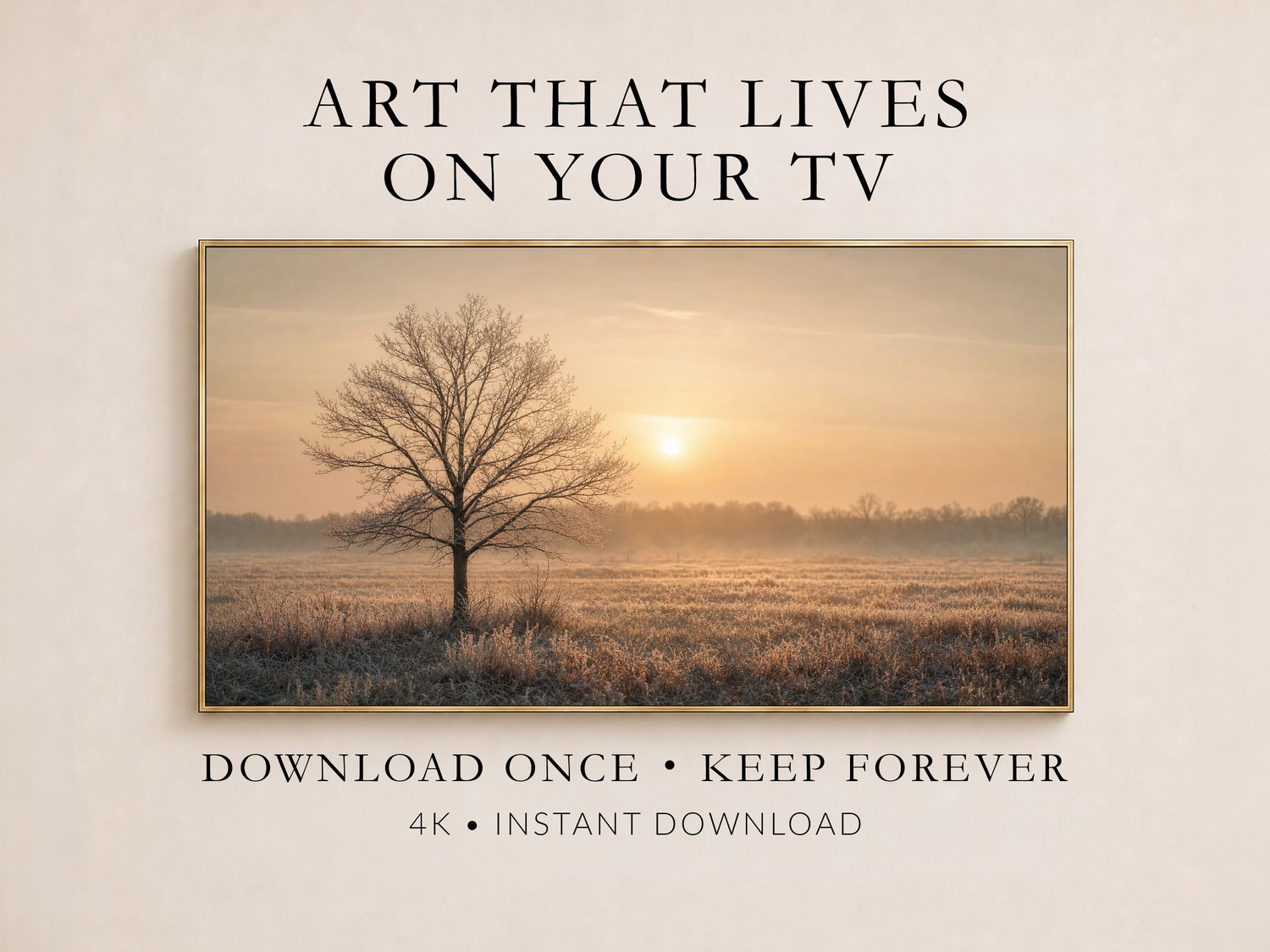 Frosted lone tree at hazy sunrise displayed on a Frame TV in a thin gold frame against a soft cream wall, promoting instant download art with muted amber and rust tones for daily viewing.