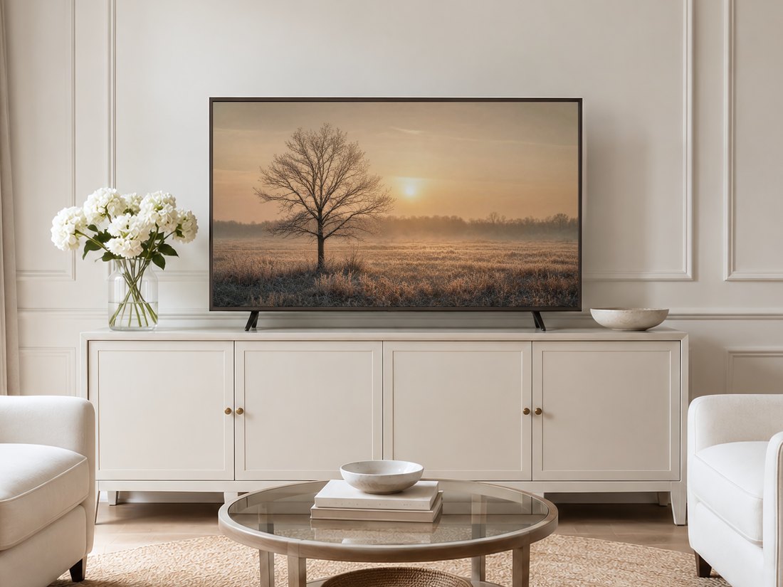 Frosted winter tree landscape shown on a Frame TV in a neutral living room with a cream panelled wall, long sideboard, white hydrangeas and pale armchairs on a jute rug, ideal for calm decor.