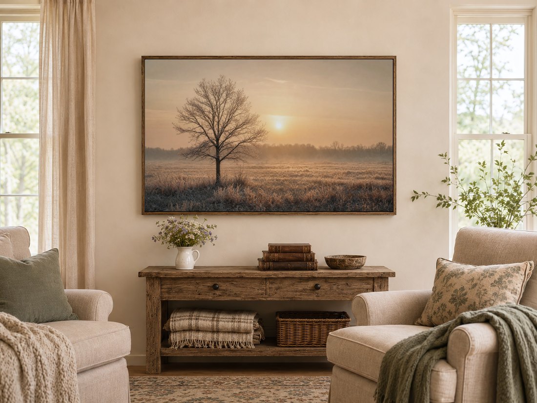 Foggy sunrise field art with a bare tree displayed above a rustic reclaimed-wood console table in a warm farmhouse living room with linen curtains and sage cushioned armchairs.
