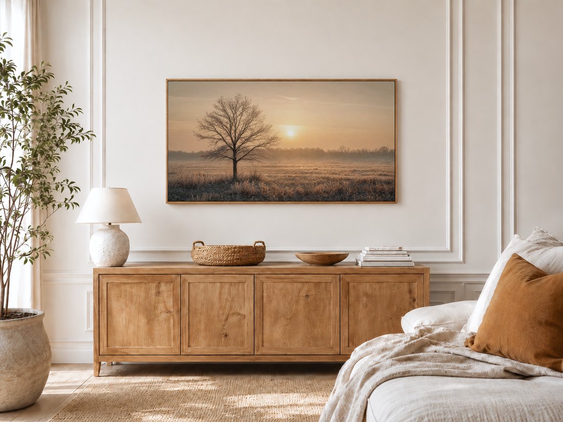 Muted frost and amber tree landscape shown on a Frame TV in a bright bedroom with cream panelled moulding, an oak sideboard, ceramic lamp and linen bed with a rust cushion.