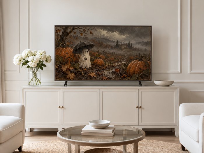 Frame TV art of a ghostly figure in a rain-soaked pumpkin field displayed on a soft cream wall in a neutral living room with cream sideboard, white flowers in glass vase, and pale armchairs.