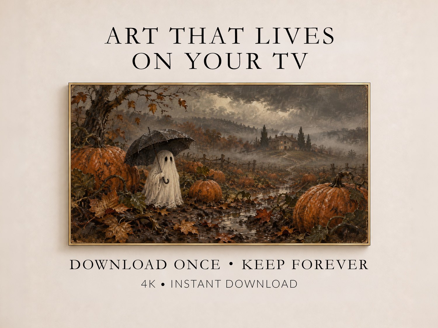 Frame TV art showing a ghost with black umbrella in a rainy pumpkin patch with manor and graveyard beyond, in moody autumn tones of gray and burnt orange.