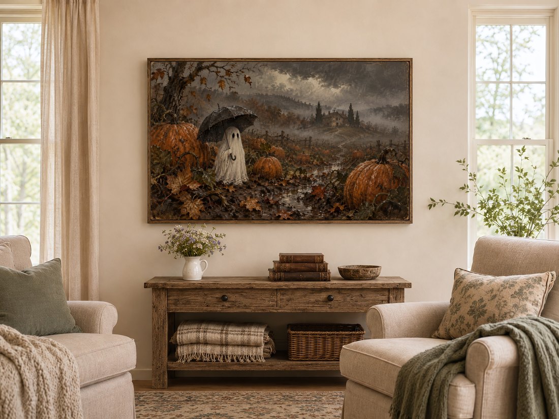 Frame TV art featuring a ghost beneath black umbrella in dark autumn landscape shown in a warm farmhouse living room above a rustic console table with wildflowers, antique books and cream armchairs.