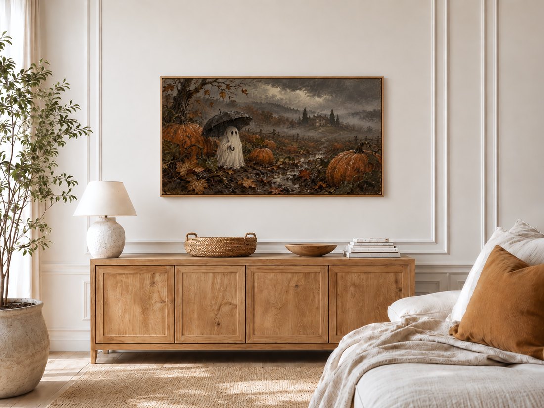 Frame TV art of a haunting pumpkin patch ghost scene displayed in a bright bedroom with cream panelled walls, light oak sideboard, textured lamp, potted olive tree and rust linen cushion.