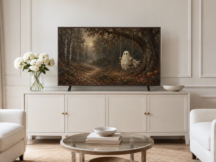 Ghost swinging through a golden-brown forest scene shown on a Frame TV above a cream sideboard with white hydrangeas and glass coffee table in a neutral living room.