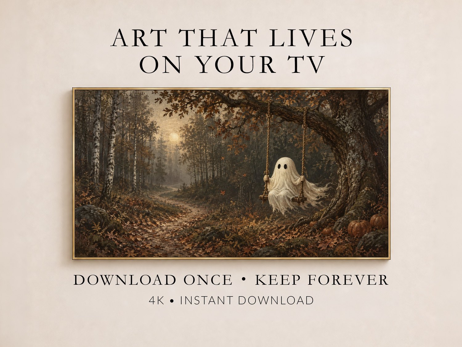 Ghostly figure on a swing in a misty autumn forest with birch trees and pumpkins, displayed in a gold frame on a cream wall for Frame TV artwork.
