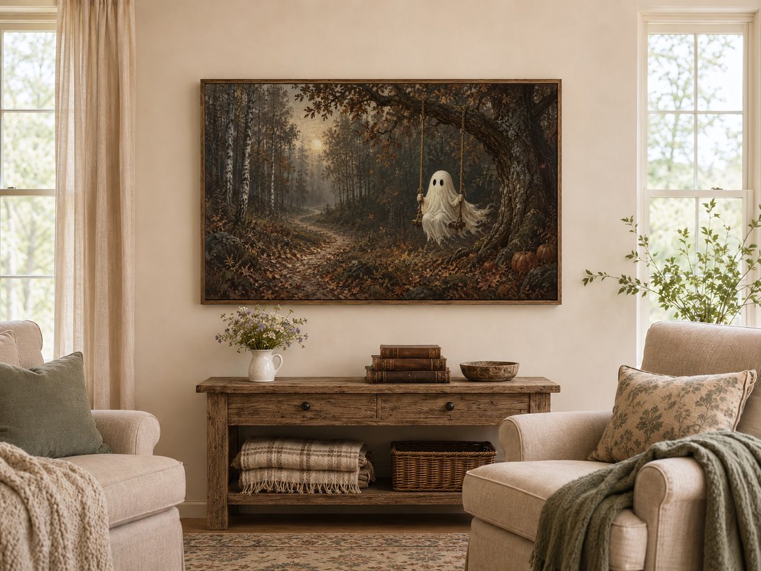 Moody autumn woodland with ghost on swing displayed on a dark-framed TV above a rustic console table with wildflowers and antique books in a farmhouse living room.