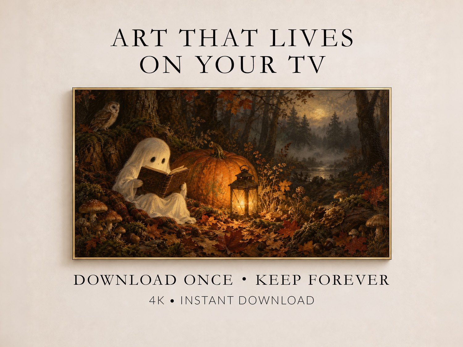 Whimsical ghost reading a book by lantern light in an autumn forest, with carved pumpkin and misty woodland backdrop, displayed on a Frame TV with gold frame on cream wall.