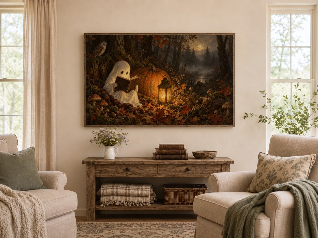 Ghostly figure reading by lantern in misty forest with pumpkin displayed on Frame TV in farmhouse living room above rustic console with wildflowers, antique books and wooden bowl.