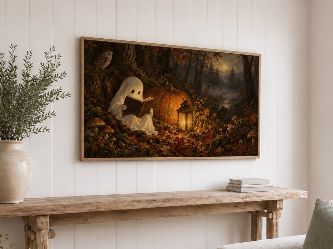 Mysterious ghost reading in misty forest scene with glowing lantern and pumpkin on Frame TV above reclaimed-wood console, with olive branches in ceramic vase and stack of books.