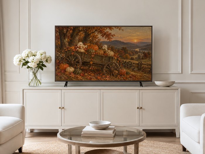 Autumn harvest Frame TV art displayed in a thin gold frame on a neutral living room cream wall above a cream sideboard, styled with white hydrangeas and pale armchairs.