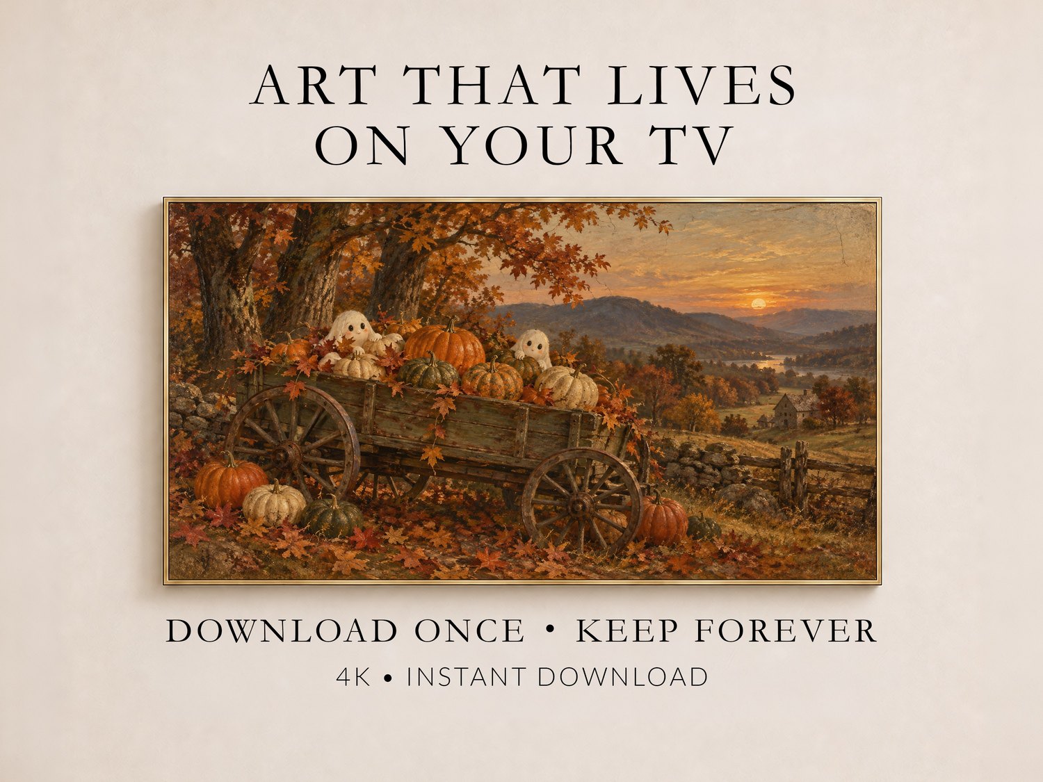 Autumn harvest Frame TV art showing a wooden cart full of pumpkins and two friendly ghosts beneath golden oak trees at sunset, on a promotional layout.