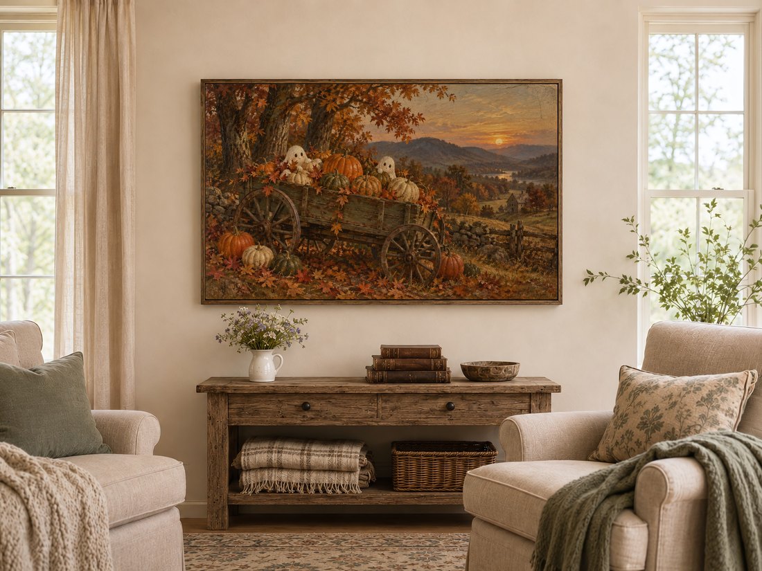 Autumn harvest Frame TV art in a dark reclaimed-wood frame above a rustic farmhouse console table with wildflowers, antique books and wooden bowl, flanked by cream armchairs with sage cushions.