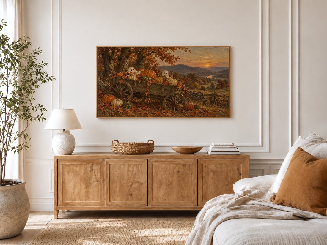 Autumn harvest Frame TV art displayed on a bright bedroom wall with cream panelled moulding, above a light oak sideboard with ceramic lamp, rattan and wooden bowl.