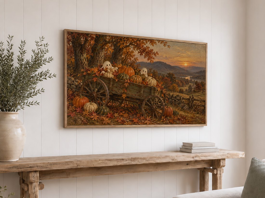 Autumn harvest Frame TV art in a light oak frame on white shiplap wall above rustic reclaimed-wood console table with olive branches in ceramic vase and stacked neutral books.