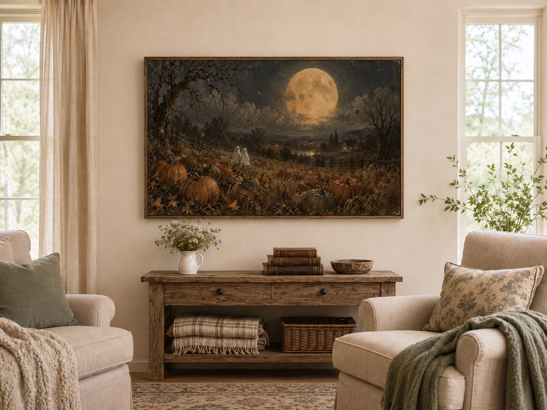 Ghosts Beneath the Harvest Moon displayed on a Frame TV in a warm farmhouse living room above a rustic console table, flanked by cream armchairs with sage cushions and tall linen-curtained windows