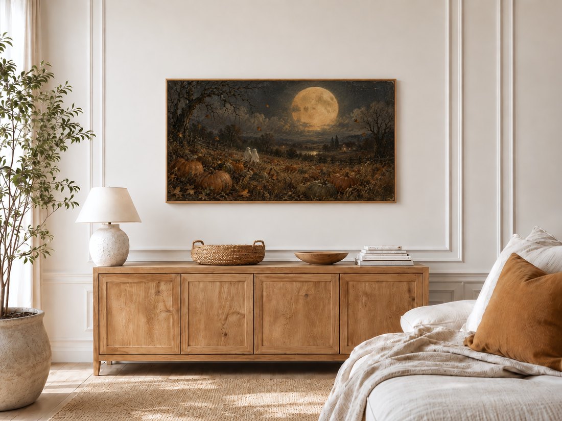 Ghosts Beneath the Harvest Moon featured on a Frame TV in a bright bedroom with cream panelled moulding, light oak sideboard, textured ceramic lamp and a potted olive tree by the window