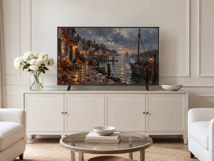 Halloween harbor scene shown on a Frame TV in a neutral living room with cream panelled walls, long cream sideboard with brass knobs, white hydrangeas in a glass vase and pale armchairs.