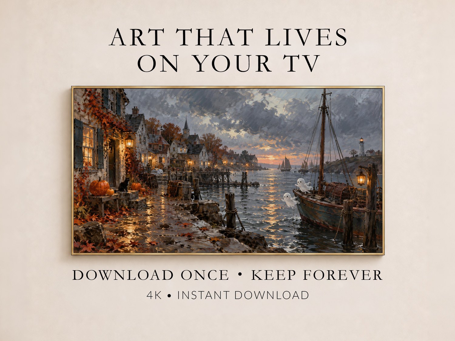 Halloween harbor Frame TV art displayed on a gold-framed screen against a cream wall, showing a coastal ghost scene with autumn sunset, pumpkins and vintage sailboats.