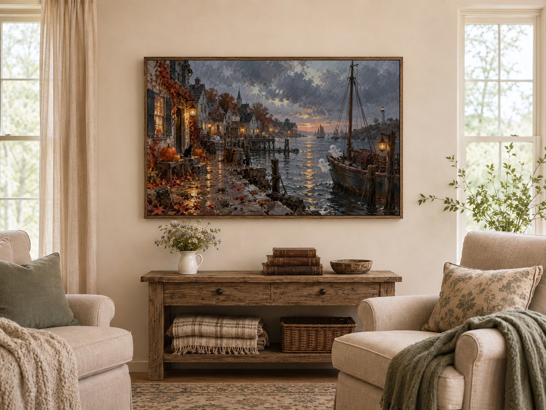 Spooky autumn harbor artwork displayed on a Frame TV above a rustic console table in a farmhouse living room with cream armchairs, sage cushions and tall linen-curtained windows.