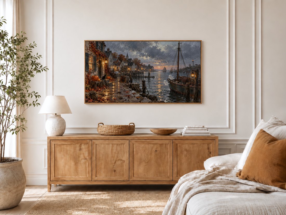 Coastal ghost harbor painting shown on a Frame TV in a bright bedroom with cream panelled moulding, light oak sideboard, rattan tray and a potted olive tree by the window.