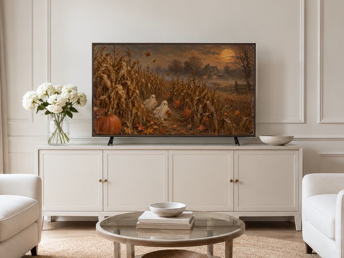 Halloween cornfield Frame TV art displayed on neutral living room cream panelled wall above pale armchairs, with white hydrangeas and brass accents.