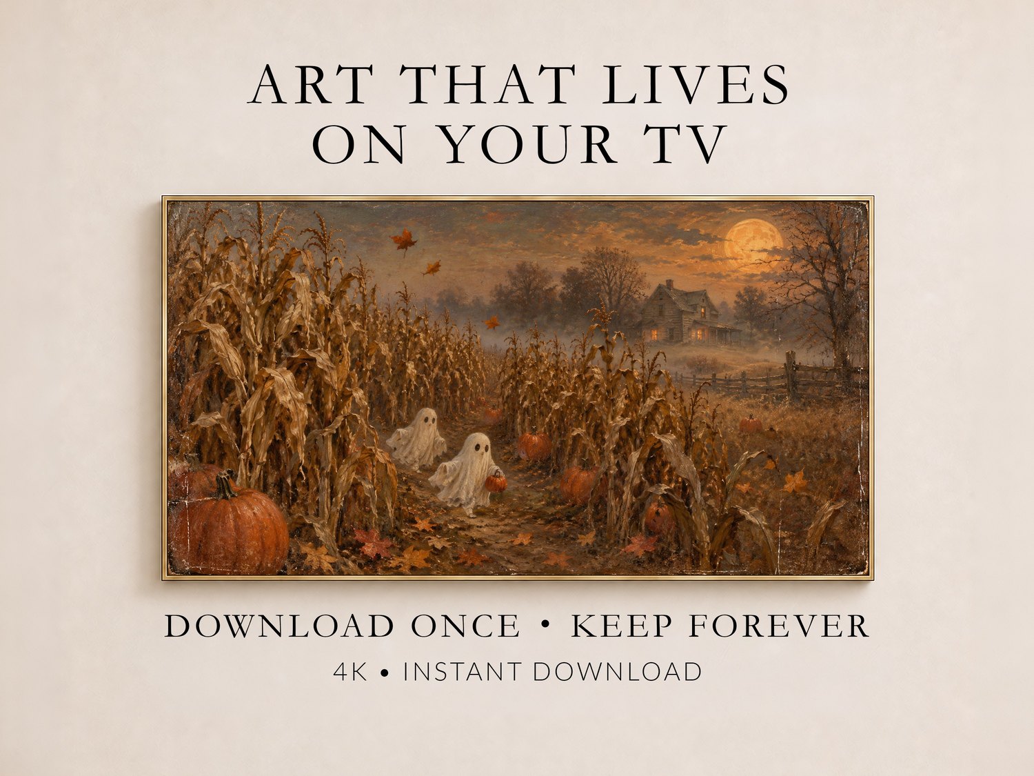 Warm ochre and gold harvest scene with white ghosts in a cornfield under a glowing moon, promotional layout highlighting instant download and 4K quality.