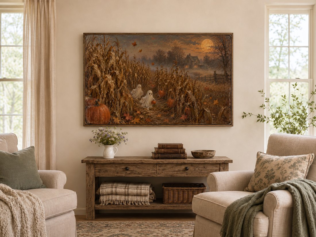 Spooky autumn farmhouse TV art shown on cream armchair wall above dark reclaimed wood console, with wildflowers, antique books and sage linen curtains.